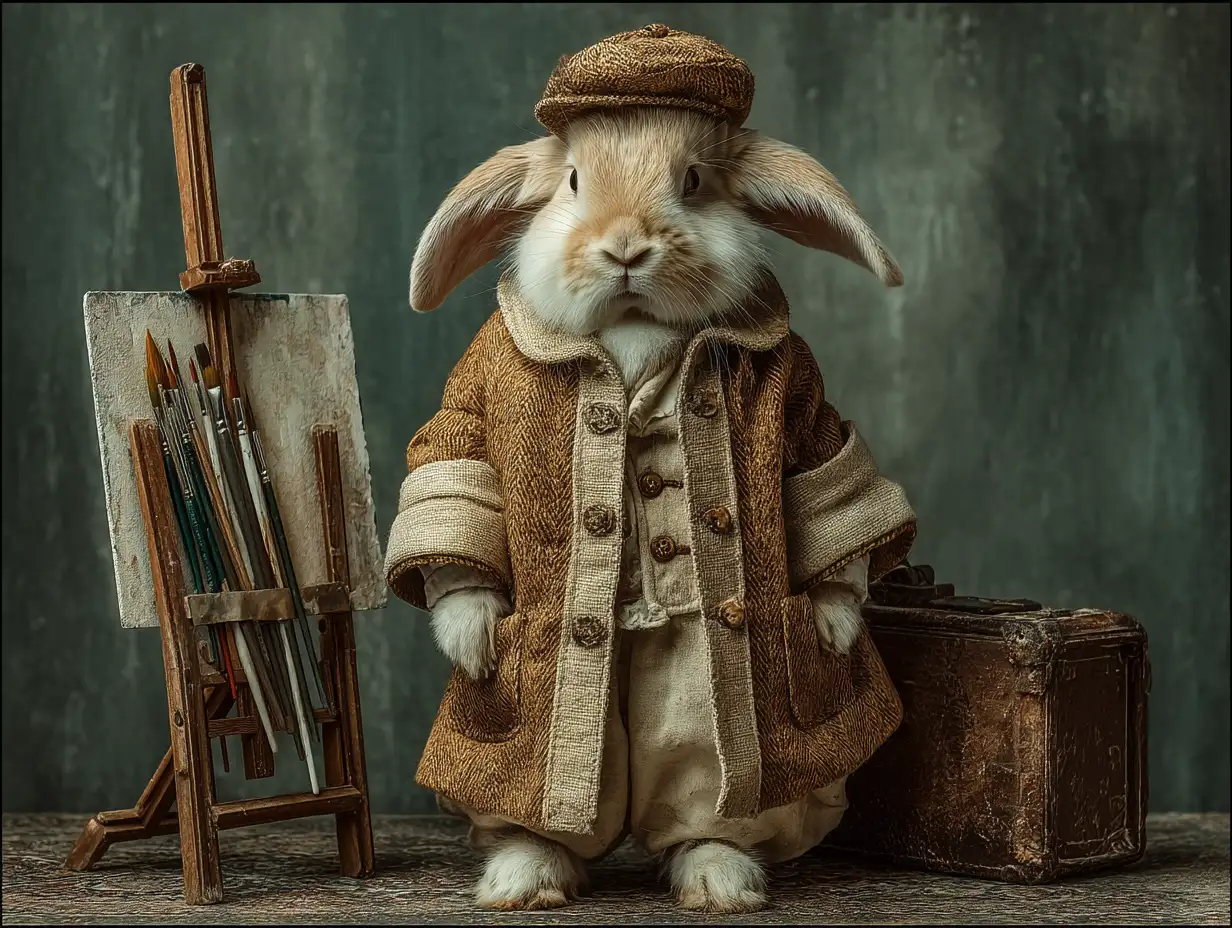 White rabbit wearing a vintage painter outfit, standing beside an easel with watercolor brushes, elegant classical setting